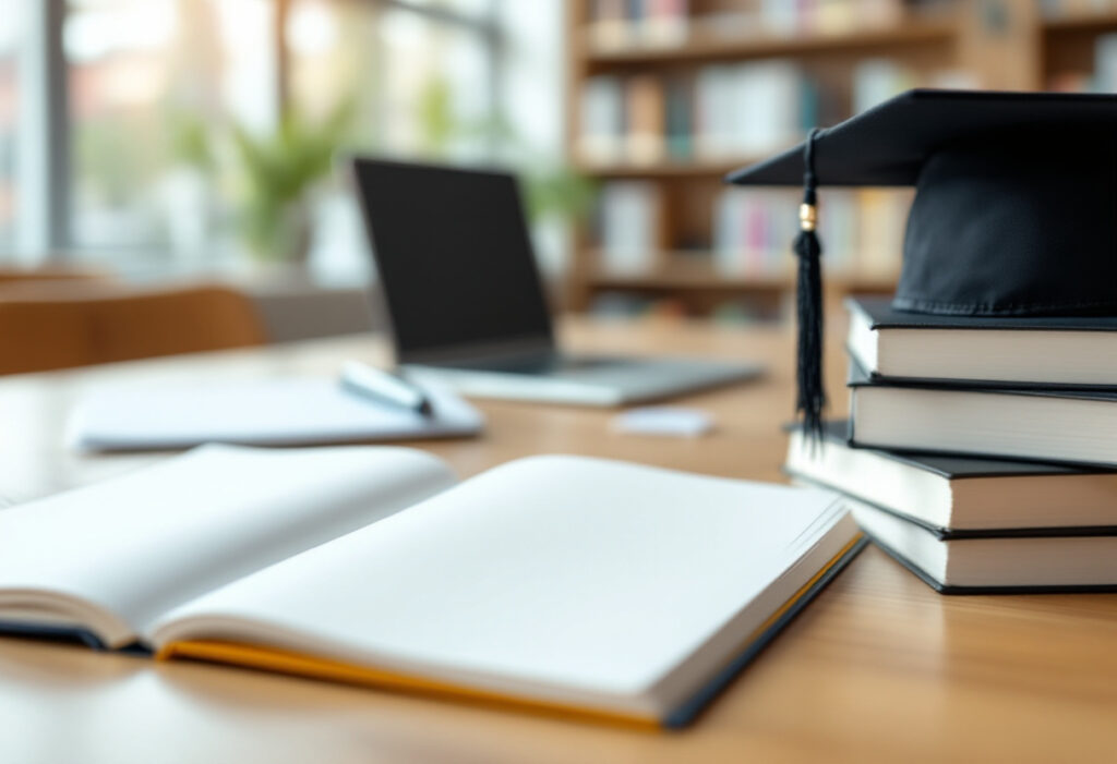Учебный стол в библиотеке со шапочкой выпускника на стопке книг