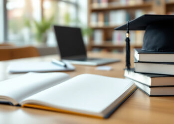 Учебный стол в библиотеке со шапочкой выпускника на стопке книг